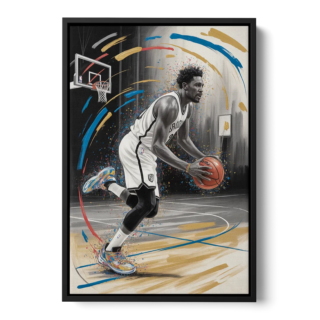 Brooklyn Nets Dynamic Action Scene  Impressionistic Basketball Art - Black Frame Canvas