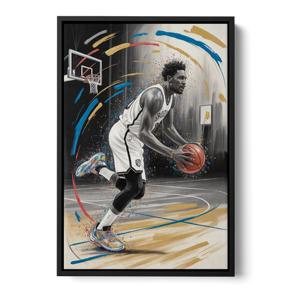 Brooklyn Nets Dynamic Action Scene  Impressionistic Basketball Art - Black Frame Canvas