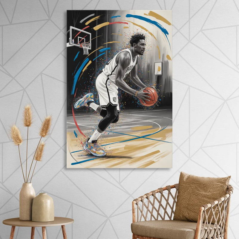 Brooklyn Nets Dynamic Action Scene  Impressionistic Basketball Art Sitting Room - Canvas Wall Art