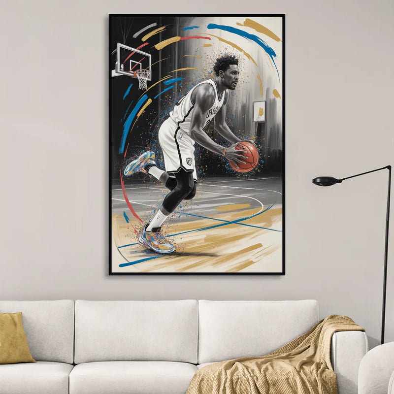 Brooklyn Nets Dynamic Action Scene  Impressionistic Basketball Art Sitting Room - Black Canvas Wall Art