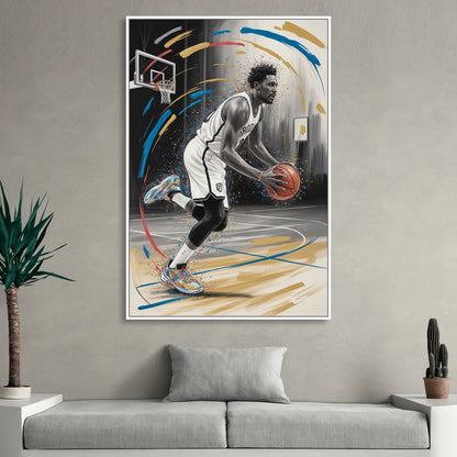 Brooklyn Nets Dynamic Action Scene  Impressionistic Basketball Art Sitting Room - White Canvas Wall Art