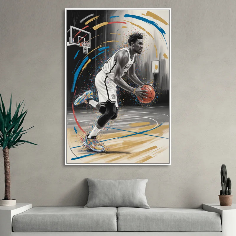 Brooklyn Nets Dynamic Action Scene  Impressionistic Basketball Art Sitting Room - White Canvas Wall Art