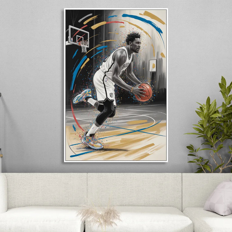 Brooklyn Nets Dynamic Action Scene  Impressionistic Basketball Art Living Room - White Canvas Wall Art