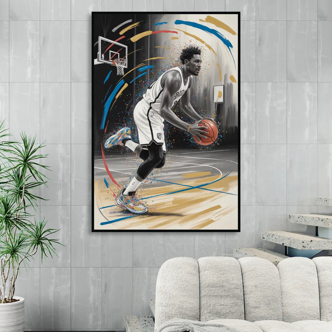 Brooklyn Nets Dynamic Action Scene  Impressionistic Basketball Art Living Room - Black Canvas Wall Art