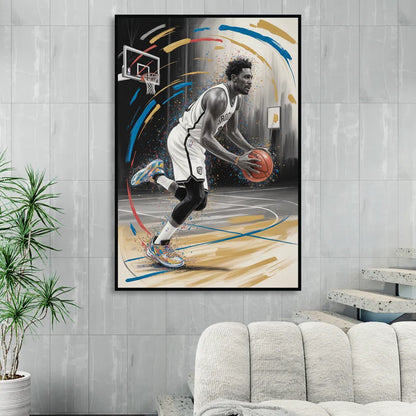 Brooklyn Nets Dynamic Action Scene  Impressionistic Basketball Art Living Room - Black Canvas Wall Art