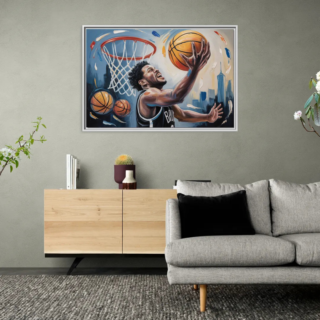 Brooklyn Nets Dynamic Basketball Impressionism Art - Living Room White Frame Canvas