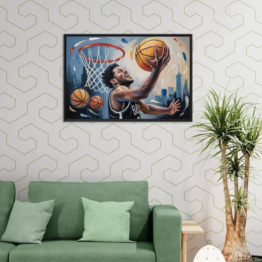 Brooklyn Nets Dynamic Basketball Impressionism Art - Living Room Black Frame Canvas