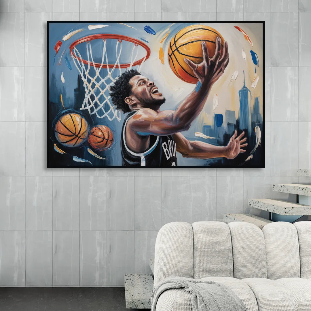 Brooklyn Nets Dynamic Basketball Impressionism Art Sitting Room - Black Canvas Wall Art