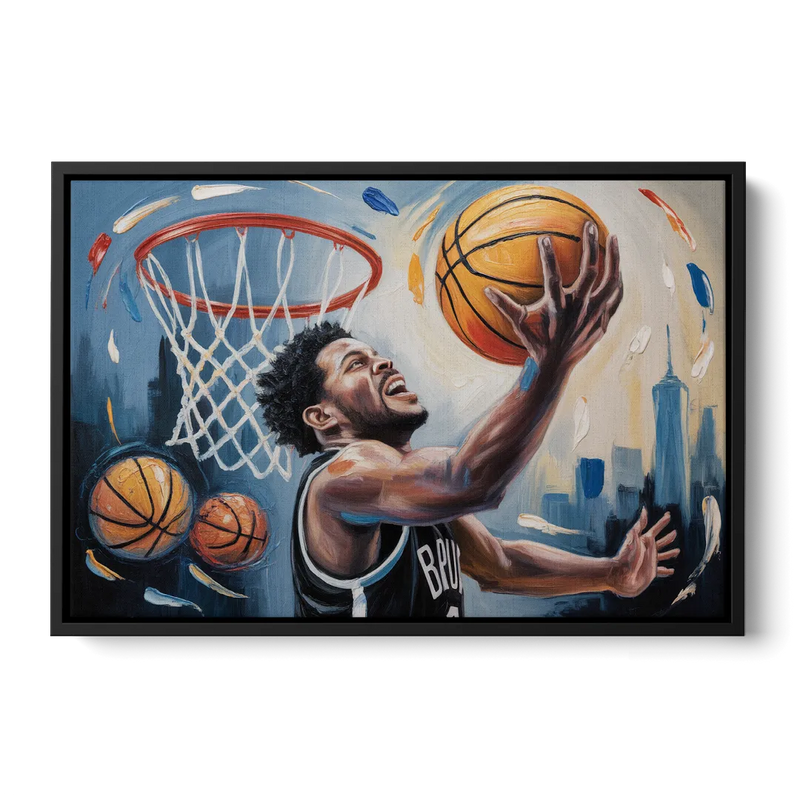 Brooklyn Nets Dynamic Basketball Impressionism Art Front - Black Canvas Wall Art