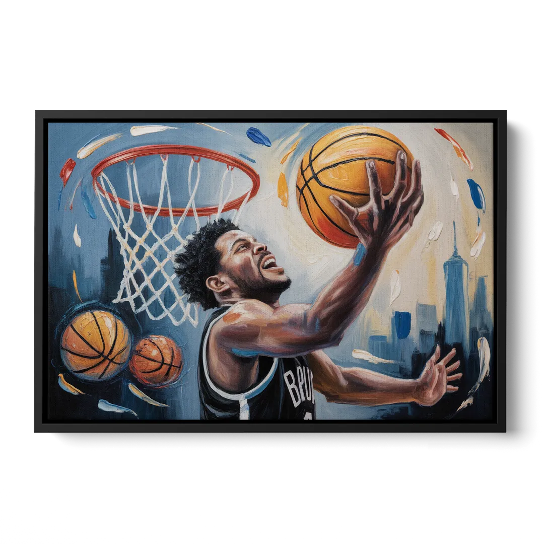 Brooklyn Nets Dynamic Basketball Impressionism Art - Black Frame Canvas