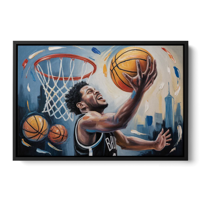 Brooklyn Nets Dynamic Basketball Impressionism Art - Black Frame Canvas