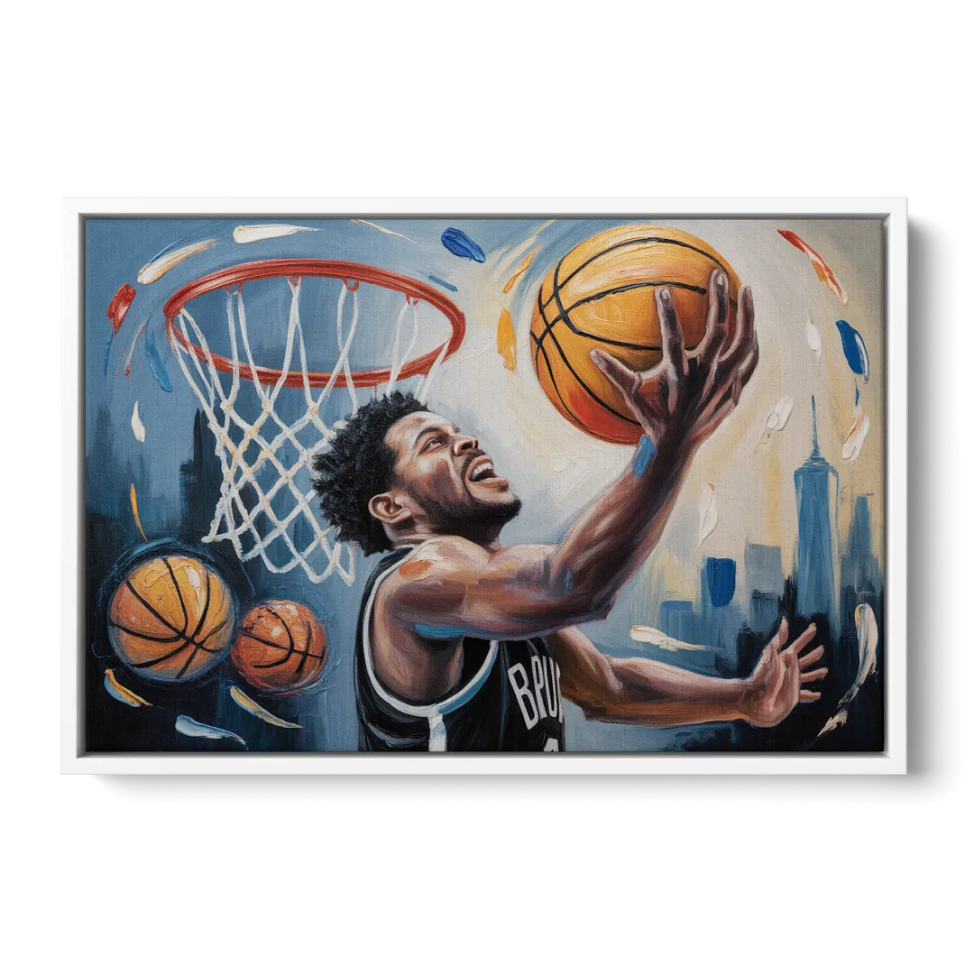 Brooklyn Nets Dynamic Basketball Impressionism Art - White Frame Canvas