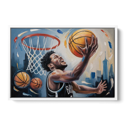 Brooklyn Nets Dynamic Basketball Impressionism Art - White Frame Canvas