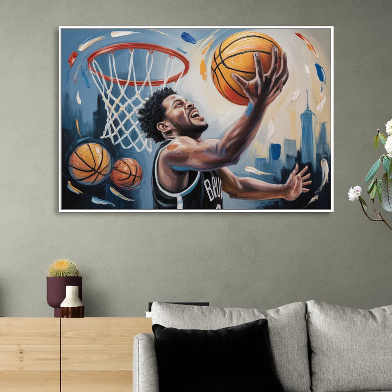 Brooklyn Nets Dynamic Basketball Impressionism Art Living Room - White Canvas Wall Art