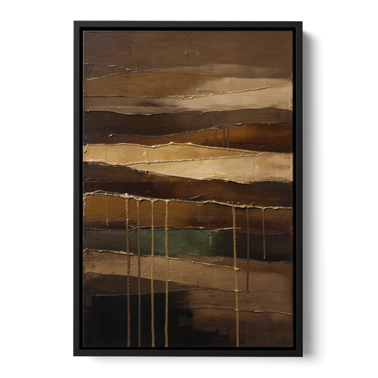 Brown Earth Strata with Gold Drips - Black Framed Canvas Wall Art - Front