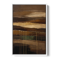 Brown Earth Strata with Gold Drips - White Framed Canvas Wall Art - Front