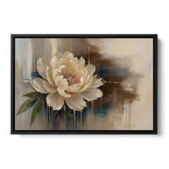 Brown Flower Wall Art with a Gilded Ivory Peony - Black Framed Canvas Wall Art - Front