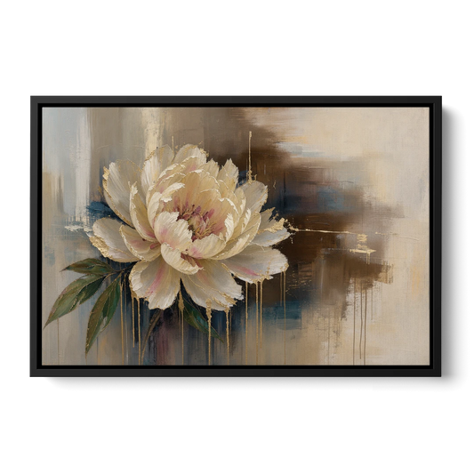 Brown Flower Wall Art with a Gilded Ivory Peony - Black Framed Canvas Wall Art - Front