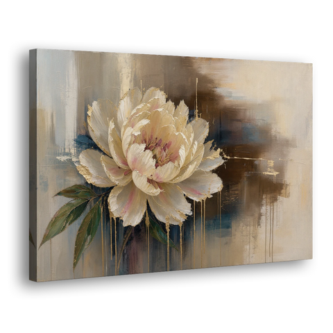 Brown Flower Wall Art with a Gilded Ivory Peony - Canvas Wall Art - Side