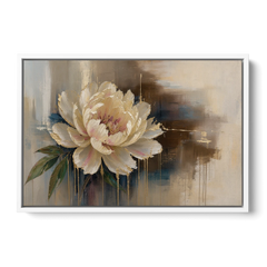 Brown Flower Wall Art with a Gilded Ivory Peony - White Framed Canvas Wall Art - Front