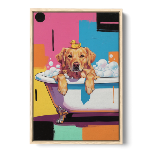 Bubble Bath Golden Retriever for the Bathroom - Oak Framed Canvas Wall Art - Front