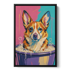 Bubble Bath Wall Art with a Corgi in Suds - Black Framed Canvas Wall Art - Front