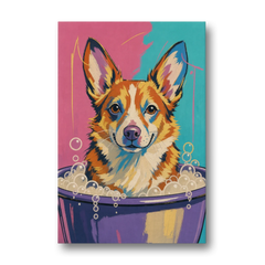 Bubble Bath Wall Art with a Corgi in Suds - Canvas Wall Art - Front