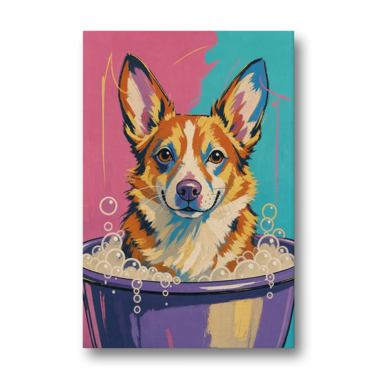 Bubble Bath Wall Art with a Corgi in Suds - Canvas Wall Art - Front