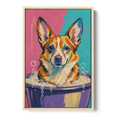 Bubble Bath Wall Art with a Corgi in Suds - Oak Framed Canvas Wall Art - Front