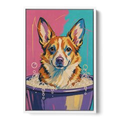 Bubble Bath Wall Art with a Corgi in Suds - White Framed Canvas Wall Art - Front
