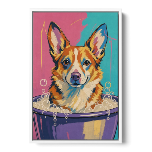 Bubble Bath Wall Art with a Corgi in Suds - White Framed Canvas Wall Art - Front