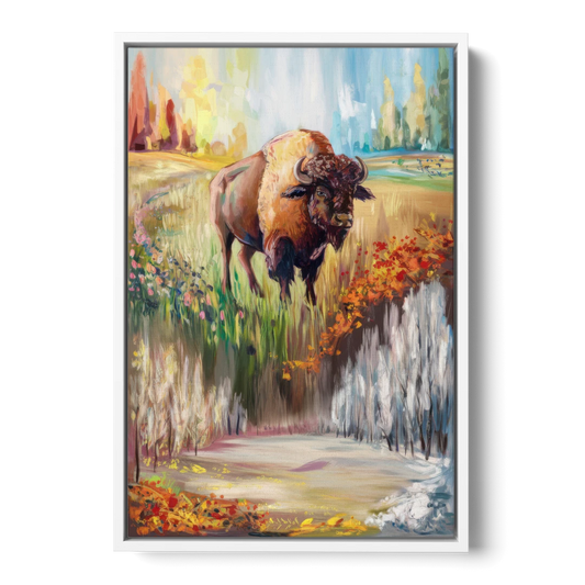 Buffalo All Seasons Beauty - White Framed Canvas Wall Art - Front