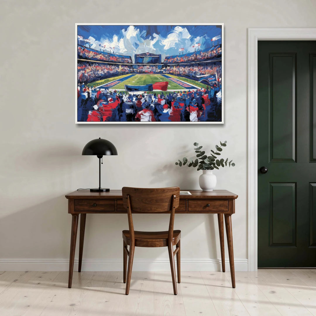 Buffalo Bills Stadium Energy - White Framed Canvas Wall Art - Office - 48x32