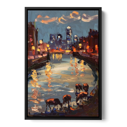 Buffalo Canalside at Night - Black Framed Canvas Wall Art - Front