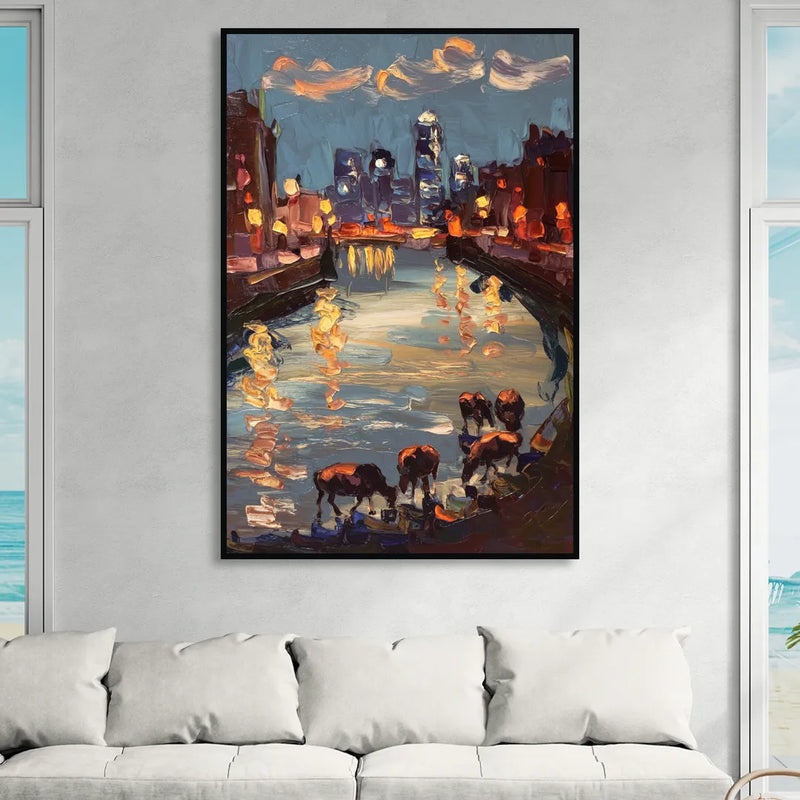 Buffalo Canalside at Night Living Room - Black Canvas Wall Art