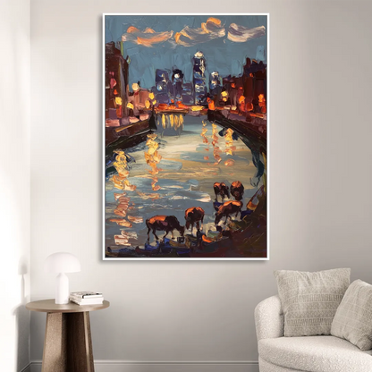 Buffalo Canalside at Night Sitting Room - White Canvas Wall Art