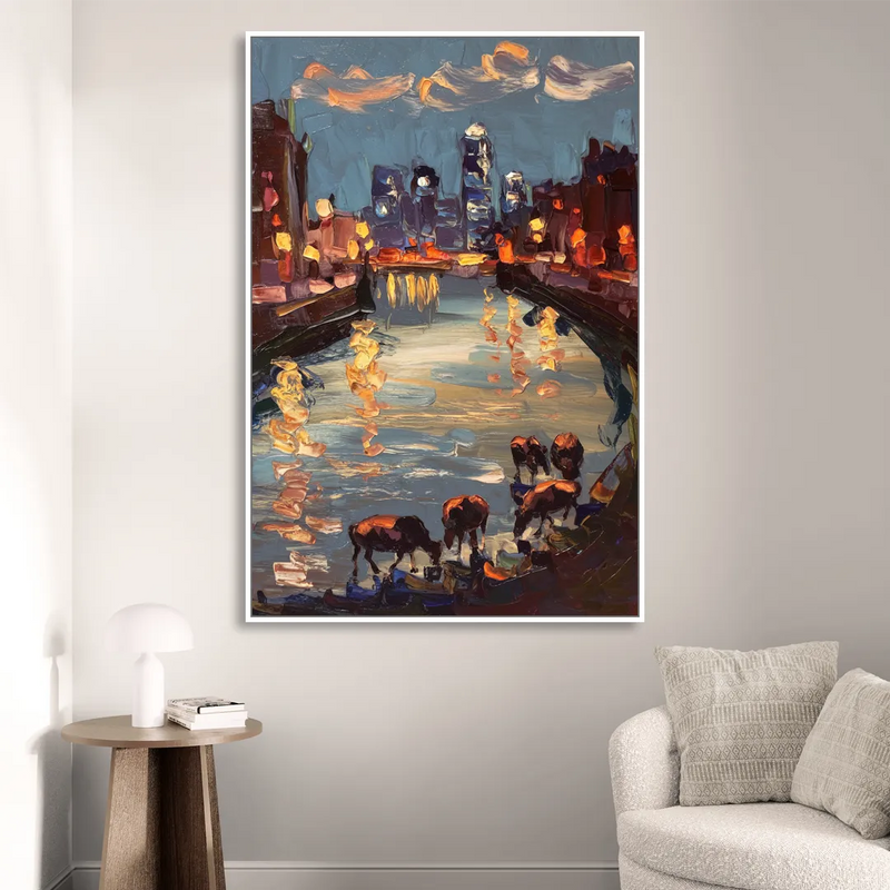 Buffalo Canalside at Night Sitting Room - White Canvas Wall Art