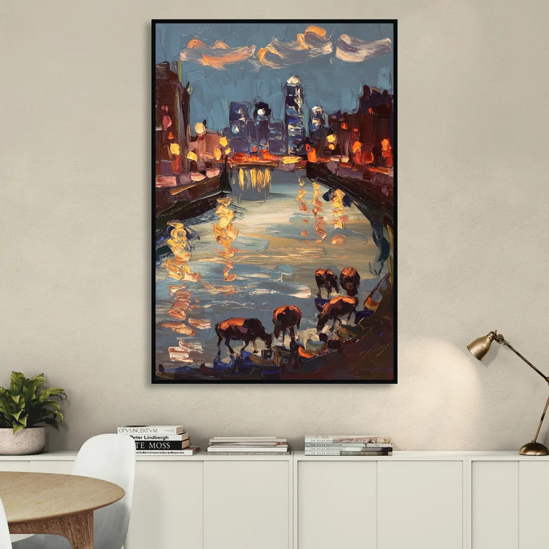 Buffalo Canalside at Night Sitting Room - Black Canvas Wall Art