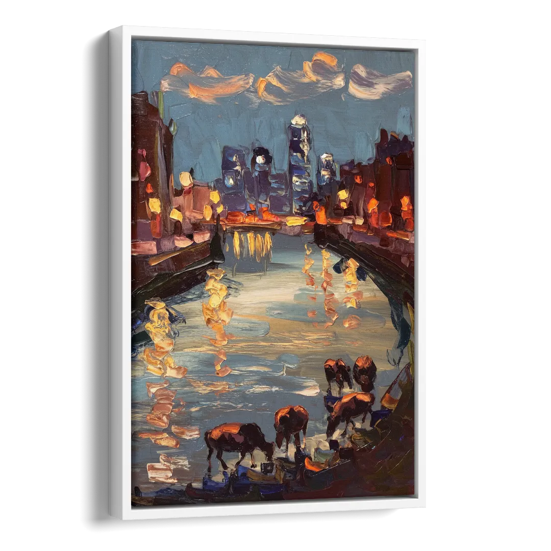 Buffalo Canalside at Night Side - White Canvas Wall Art