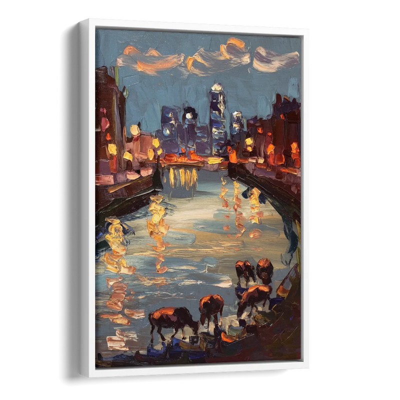 Buffalo Canalside at Night Side - White Canvas Wall Art