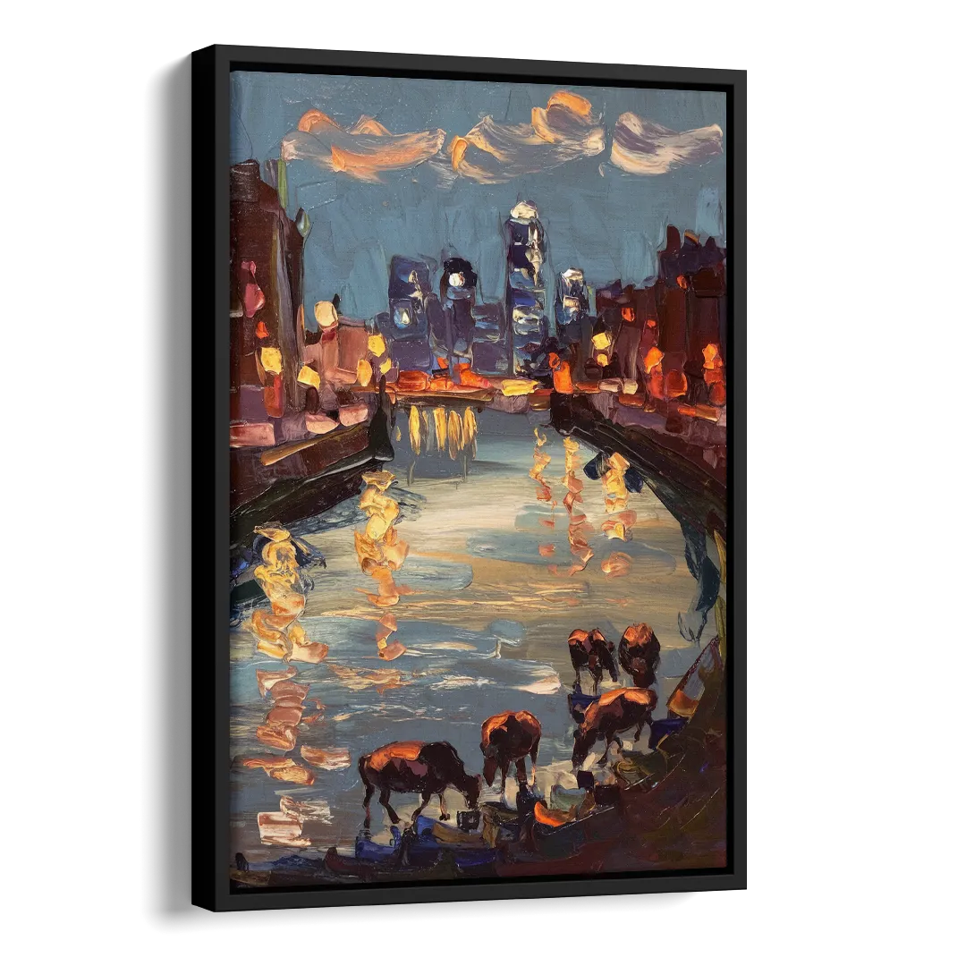 Buffalo Canalside at Night Side - Black Canvas Wall Art