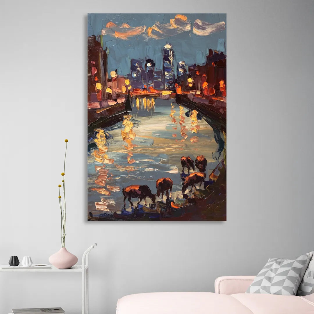Buffalo Canalside at Night Living Room - Canvas Wall Art