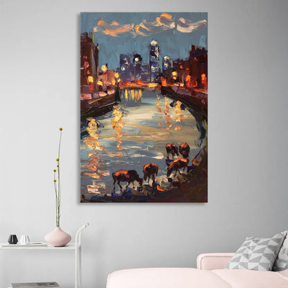 Buffalo Canalside at Night Living Room - Canvas Wall Art
