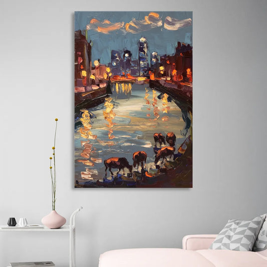Buffalo Canalside at Night Living Room - Canvas Wall Art