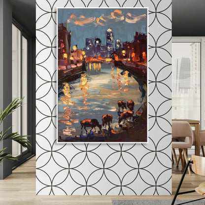 Buffalo Canalside at Night Living Room - White Canvas Wall Art