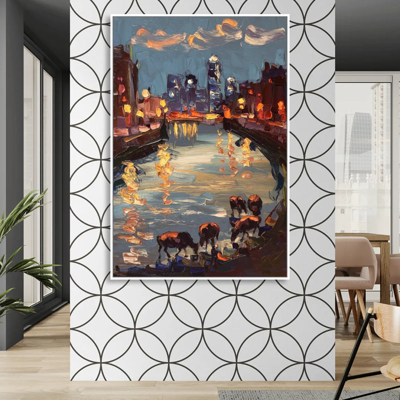Buffalo Canalside at Night Living Room - White Canvas Wall Art