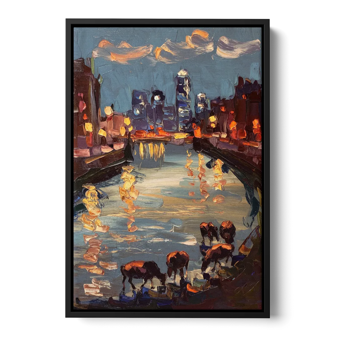 Buffalo Canalside at Night Front - Black Canvas Wall Art