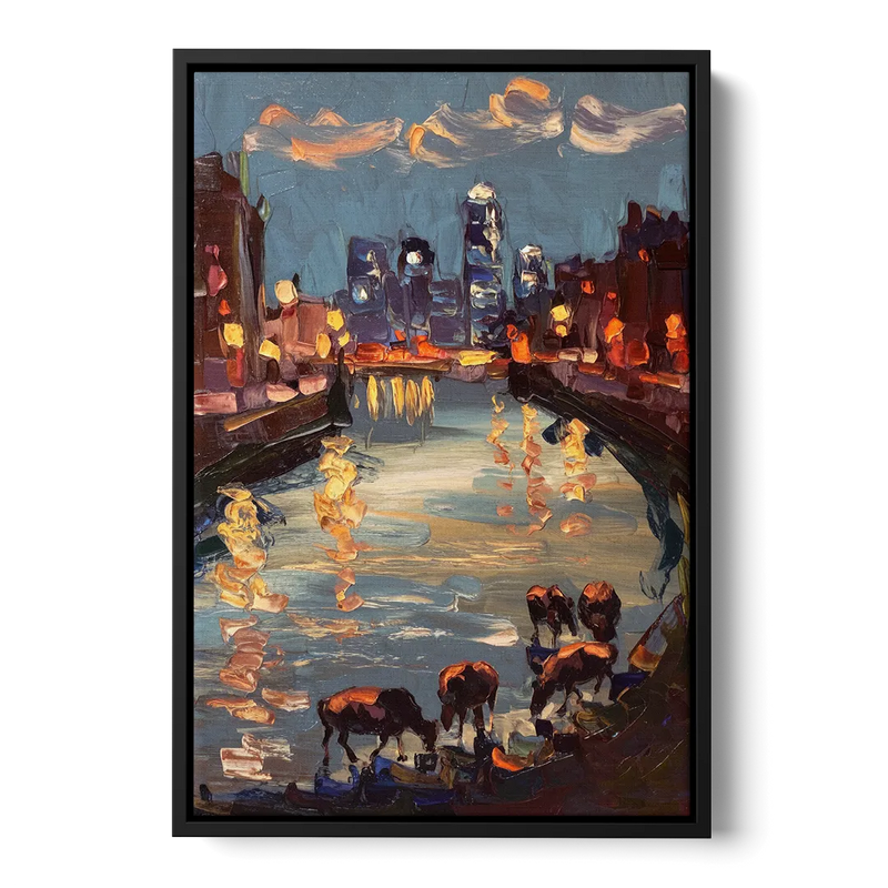 Buffalo Canalside at Night Front - Black Canvas Wall Art