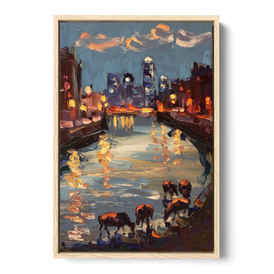 Buffalo Canalside at Night - Oak Framed Canvas Wall Art - Front
