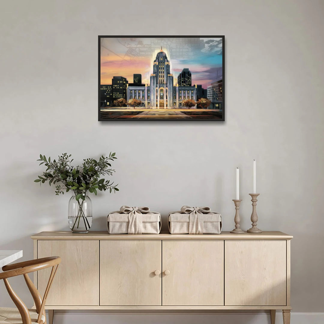 Buffalo City Hall Iconic View - Black Framed Canvas Wall Art - Coffee Table - 36x24